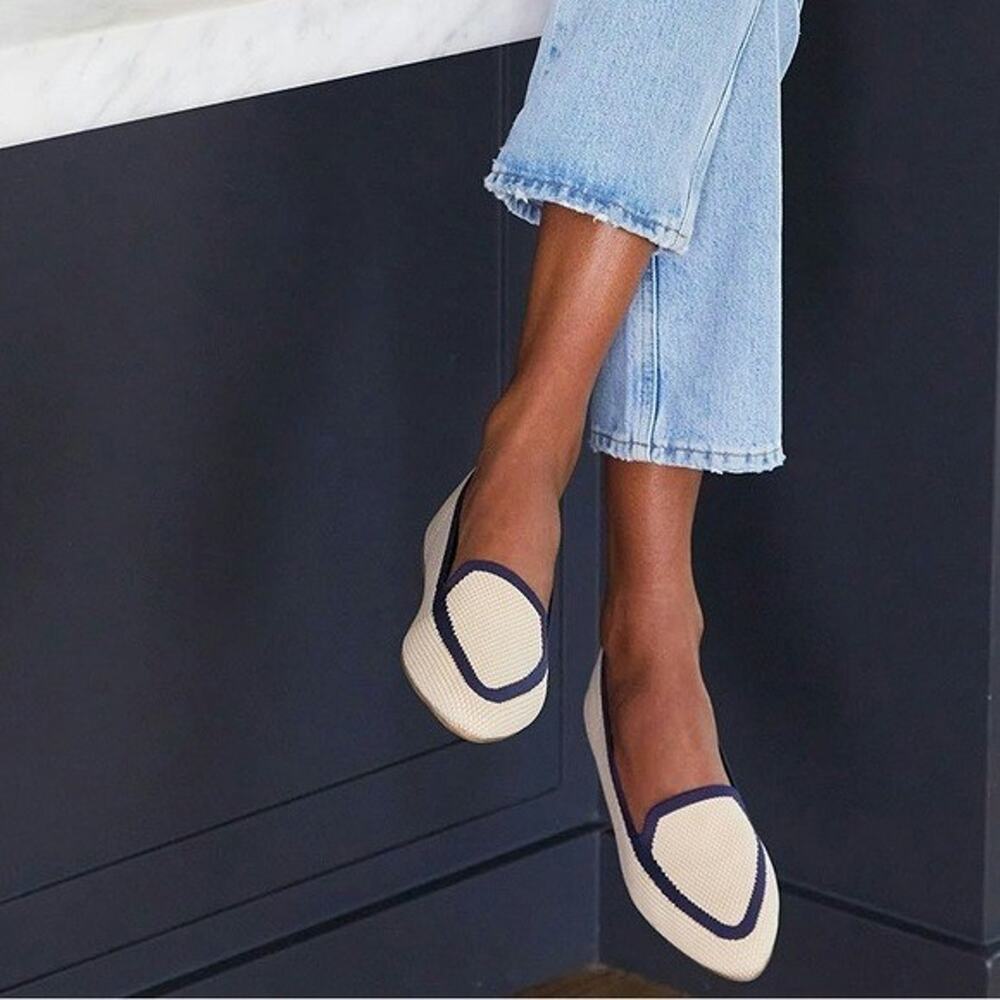 Birdies Blackbird Eggshell & Navy Knit Woven Loafers Balllet flat Slipons SZ 6.5